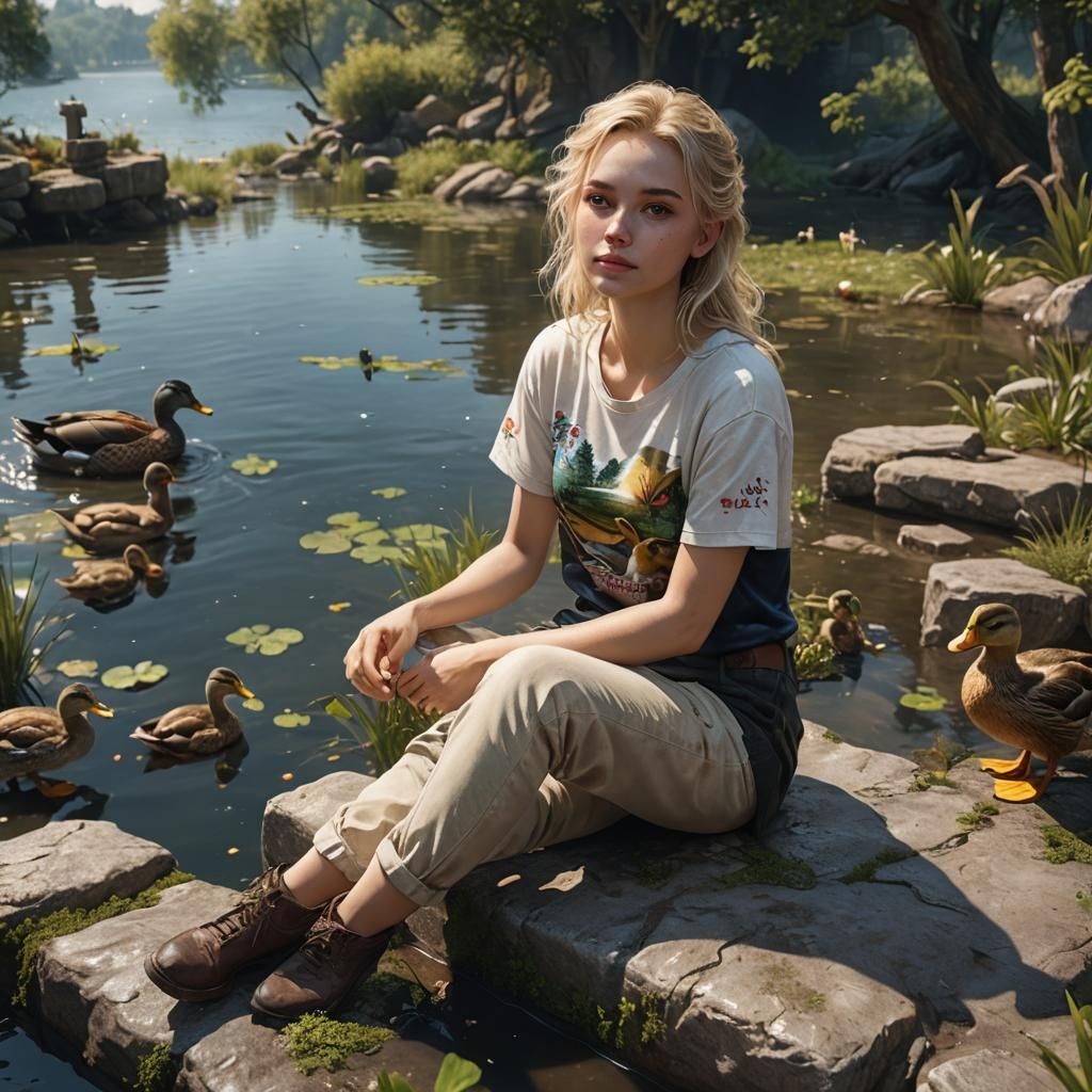 Blond Girl with Duck: Detailed Matte Painting