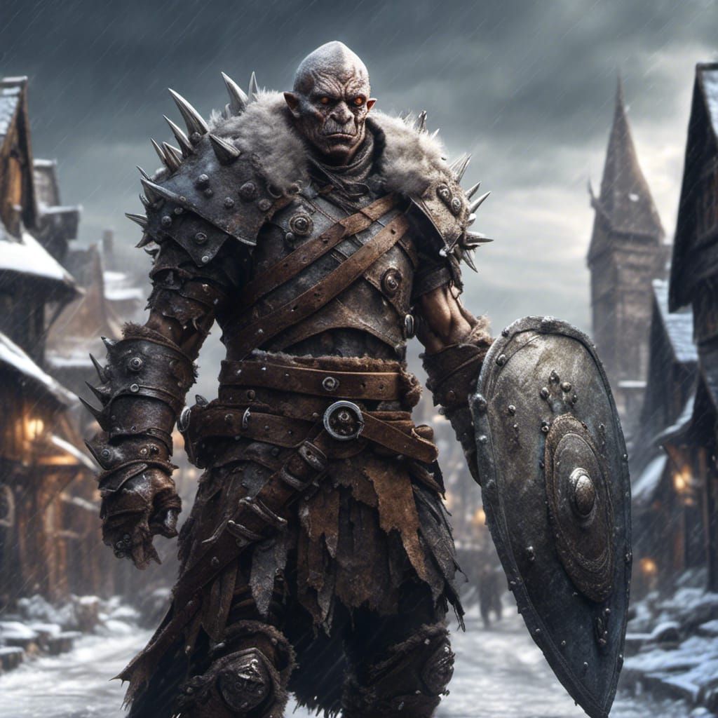 Hyperrealistic Orc Warrior in Snowy Medieval Town