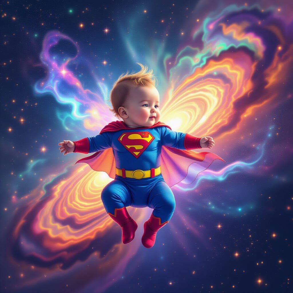 Superhero Baby Floats in Cosmic Nebula