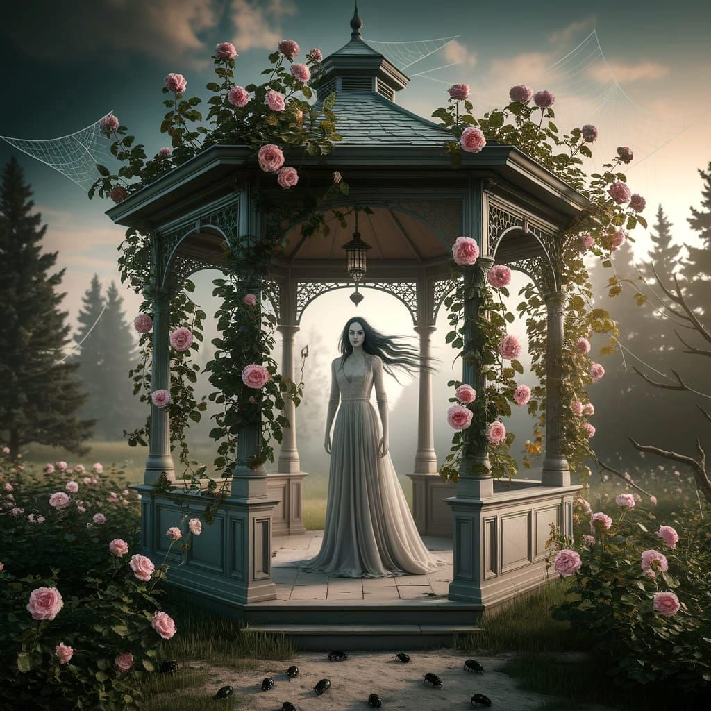 Ghostly Woman in Overgrown Pavilion, Feral Garden Scene