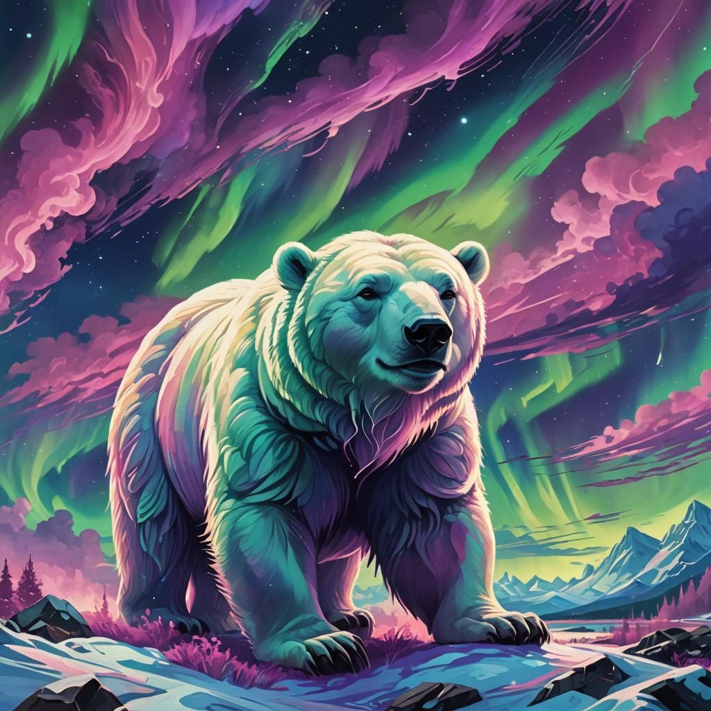 Aurora Polar Bear in Arctic Sky: Digital Art