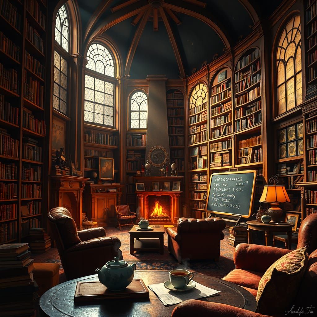 Cozy Library with Fireplace in Cottagecore Style