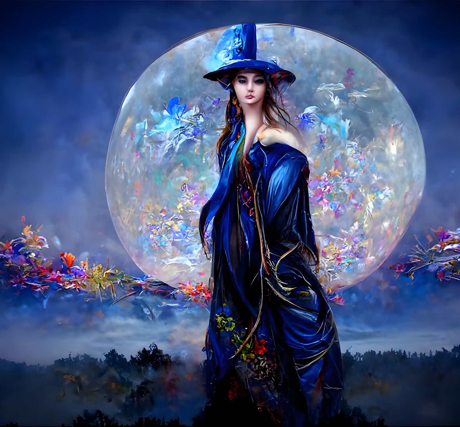 Blue Witch Portrait Under Full Moon