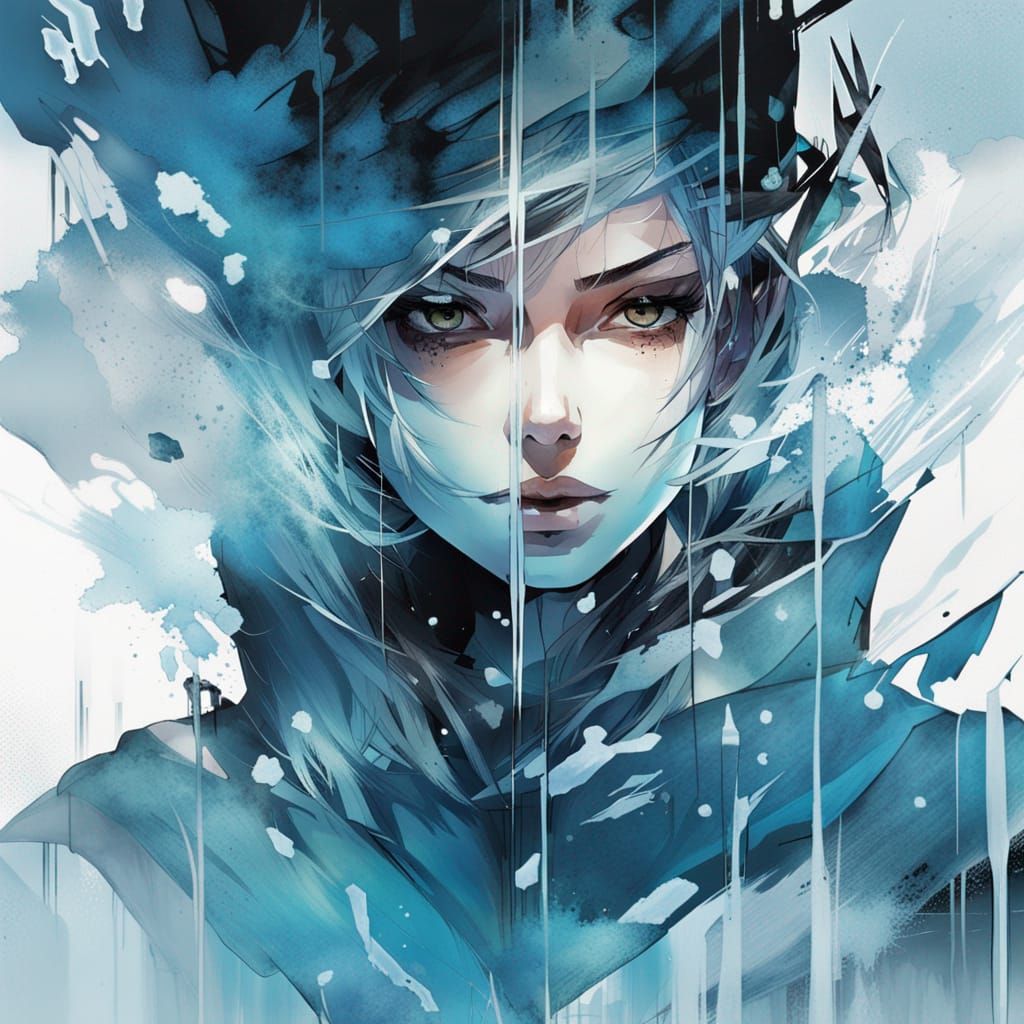 Ice Mage Double Exposure Portrait in Manga Art Style