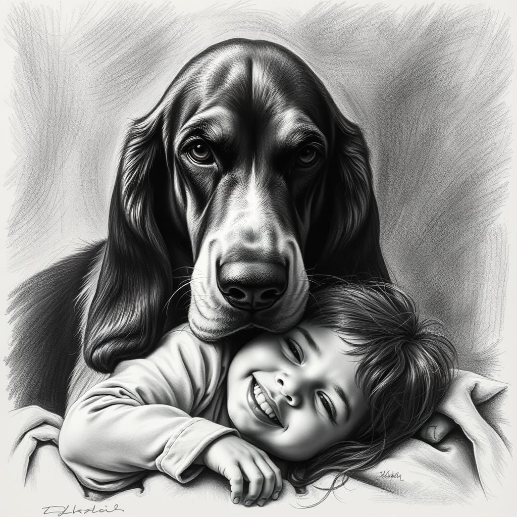 Soulful Basset Hound Guards Joyful Girl