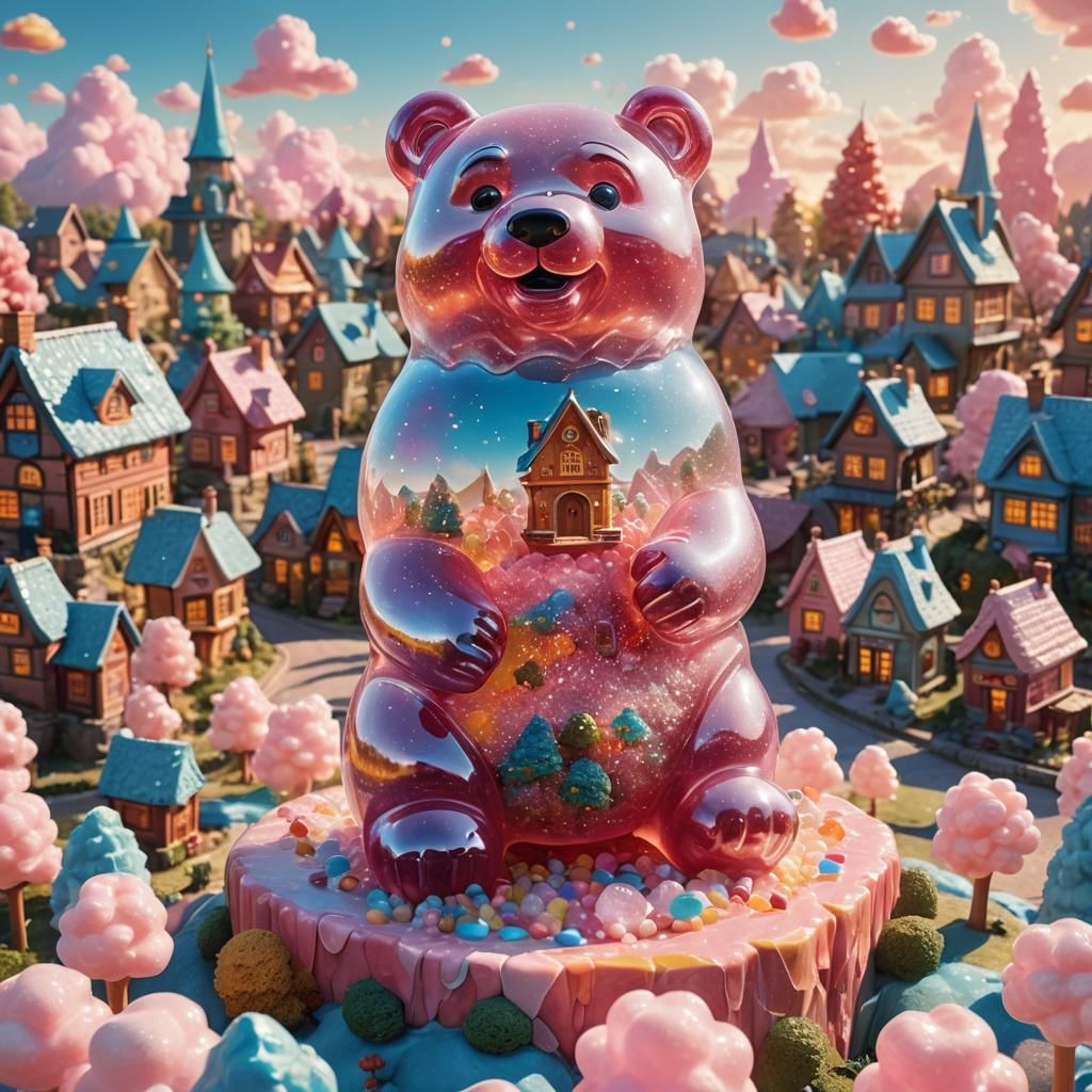 Giant Gummy Bear Over Village, Miyazaki-Inspired Fantasy
