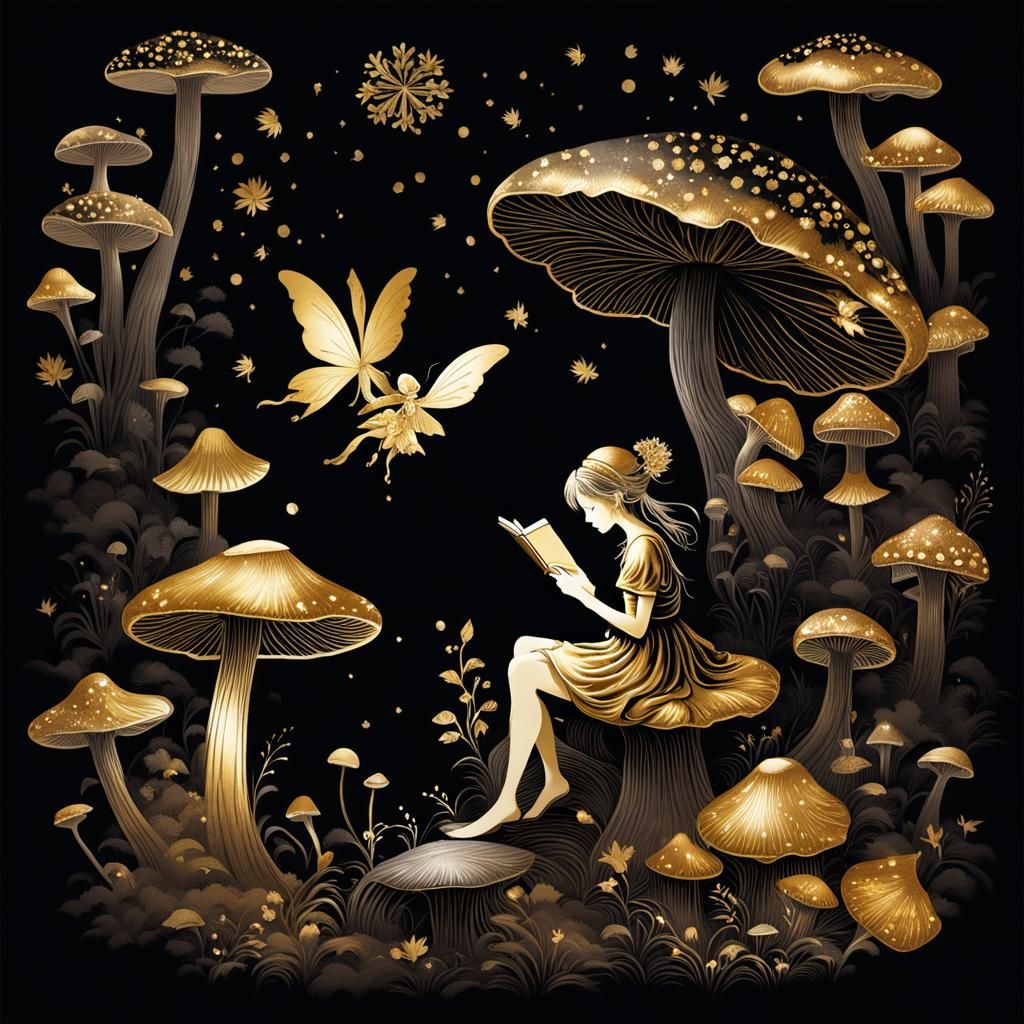 Fairy Reading Book on Mushroom Silhouette