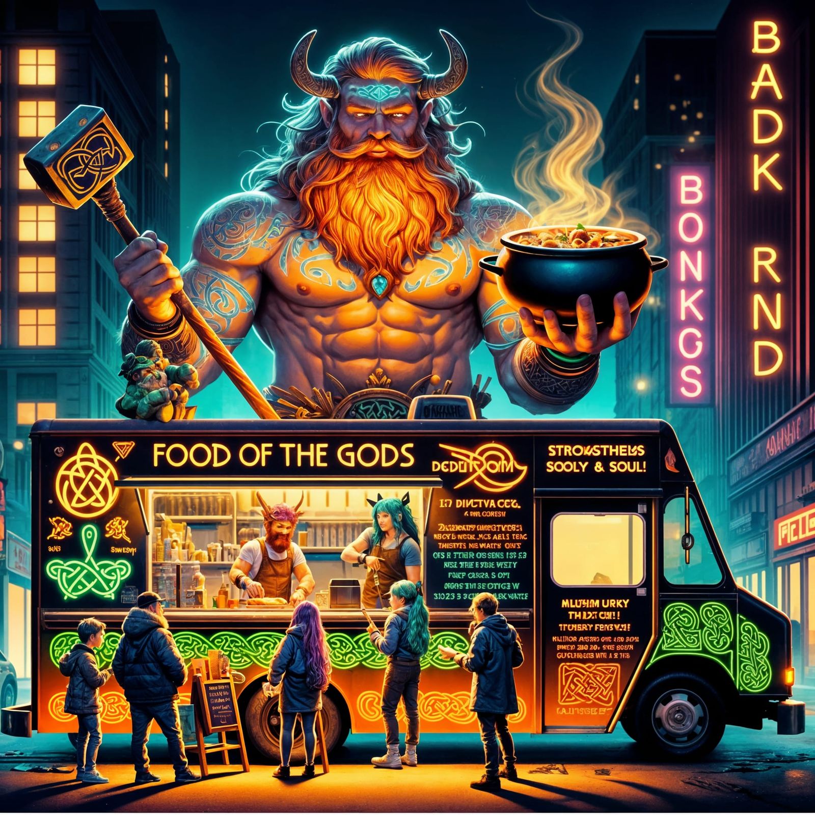 Vibrant Celtic Food Truck in Neon City