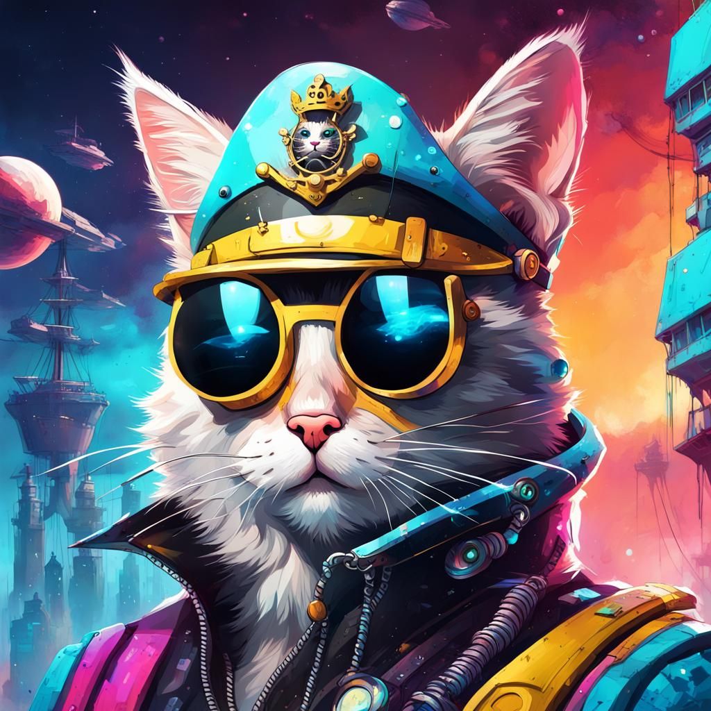 Cyberpunk Cat Pirate King on Solar Ship