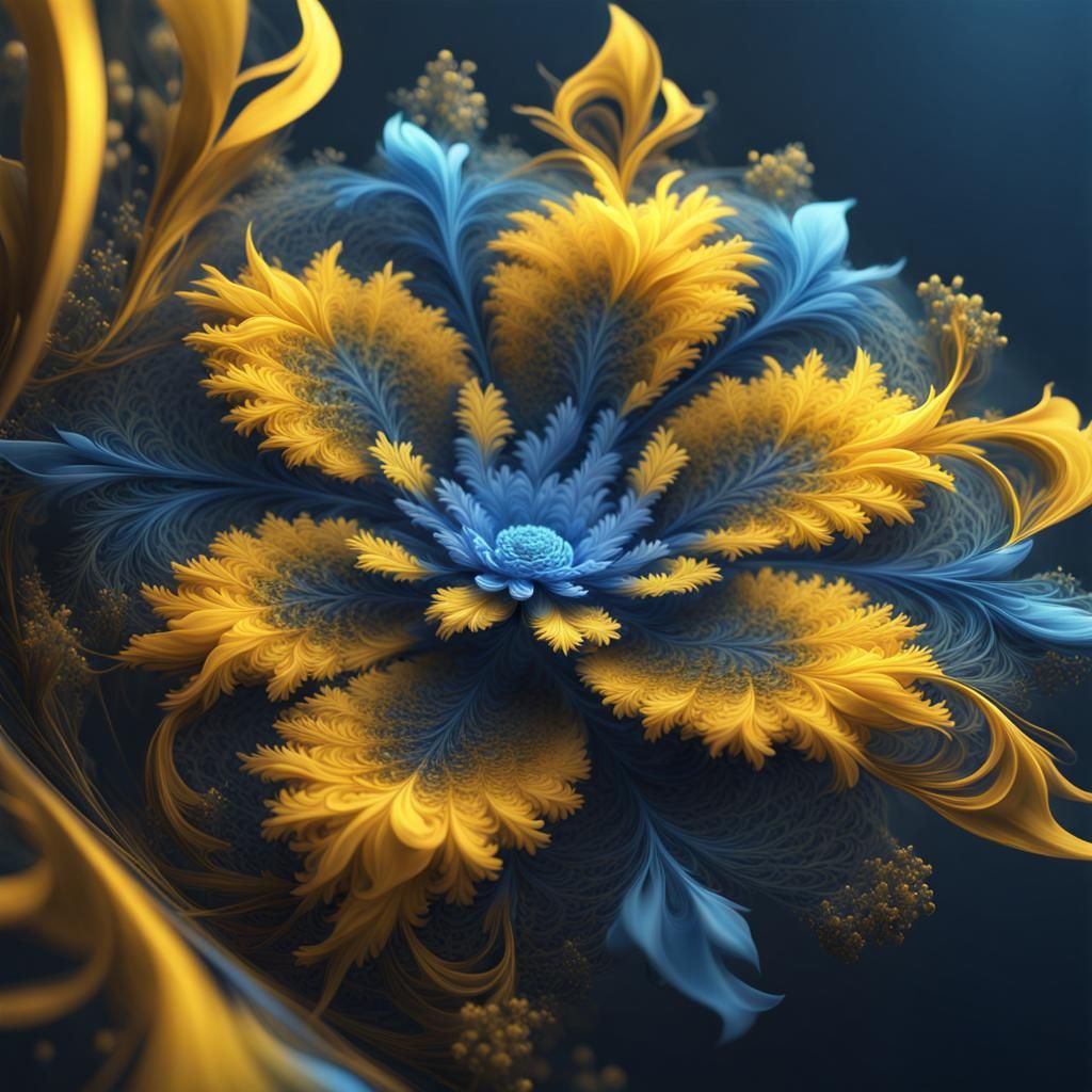 Fractal Flower in Blue and Yellow: Digital Art