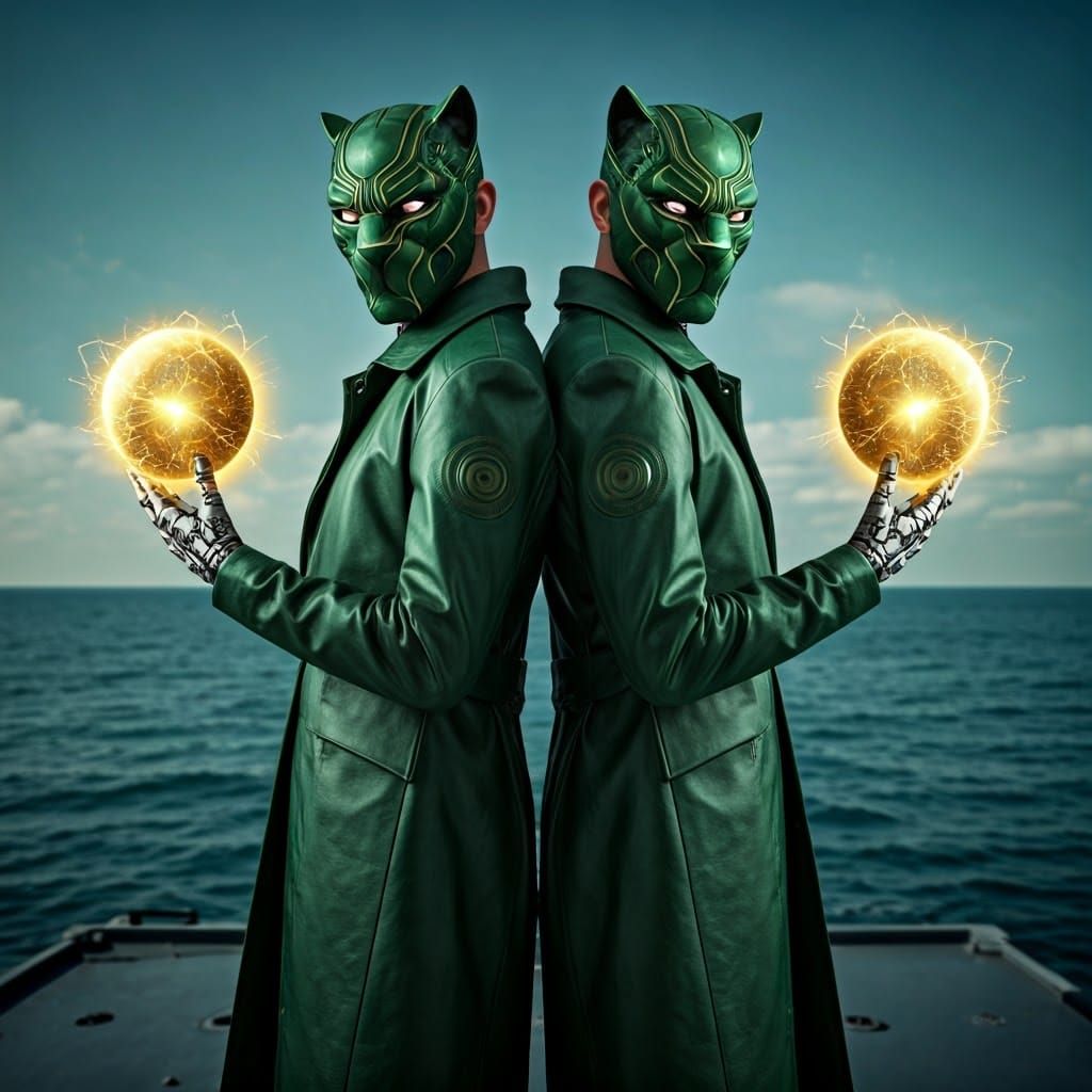 Confident Twins in Cybernetic Gear on a Warship