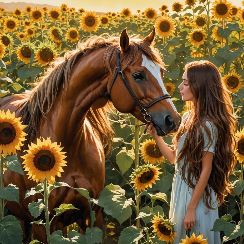 Girl and Horse in Sunflower Field, Matte Painting