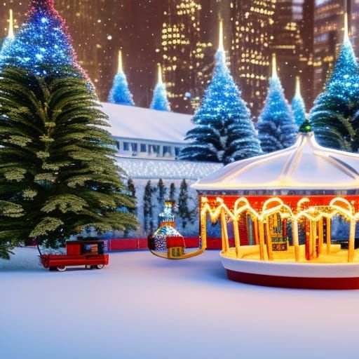 A long shot of a miniature City Winter wonderland with train merry-go-round with lights tiny buildings and trees snow 8k...