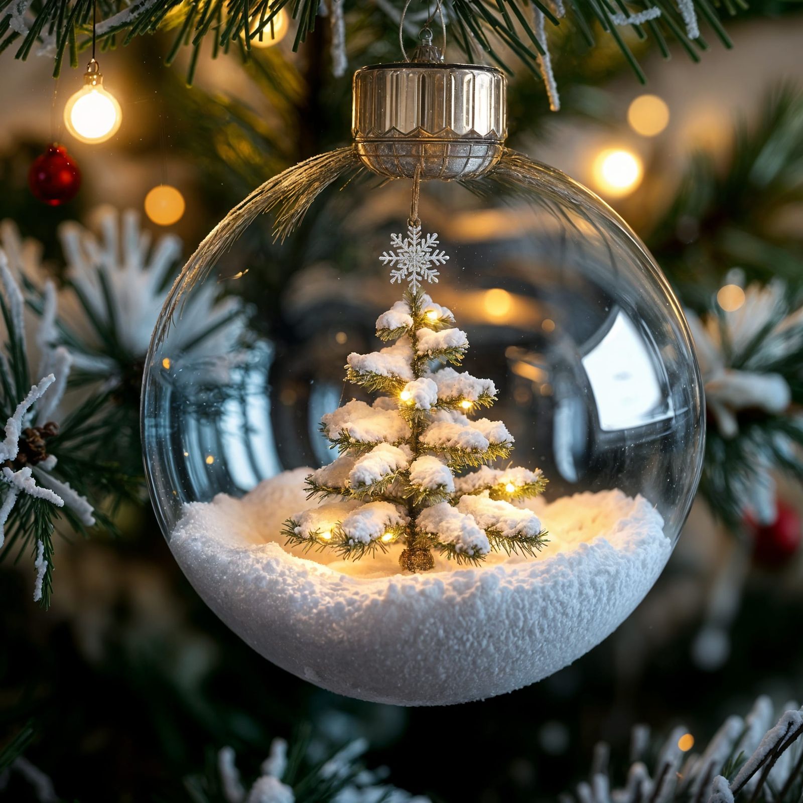 A Festive Christmas Ornament with a Snowy Tree Inside