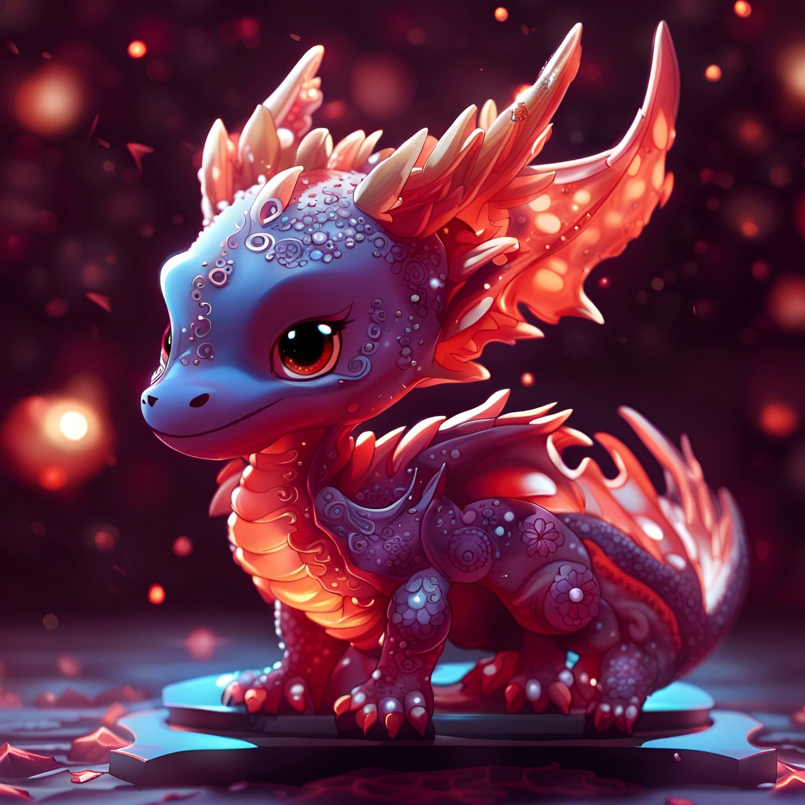 Chibi Vermilion Dragon with Starlit Background