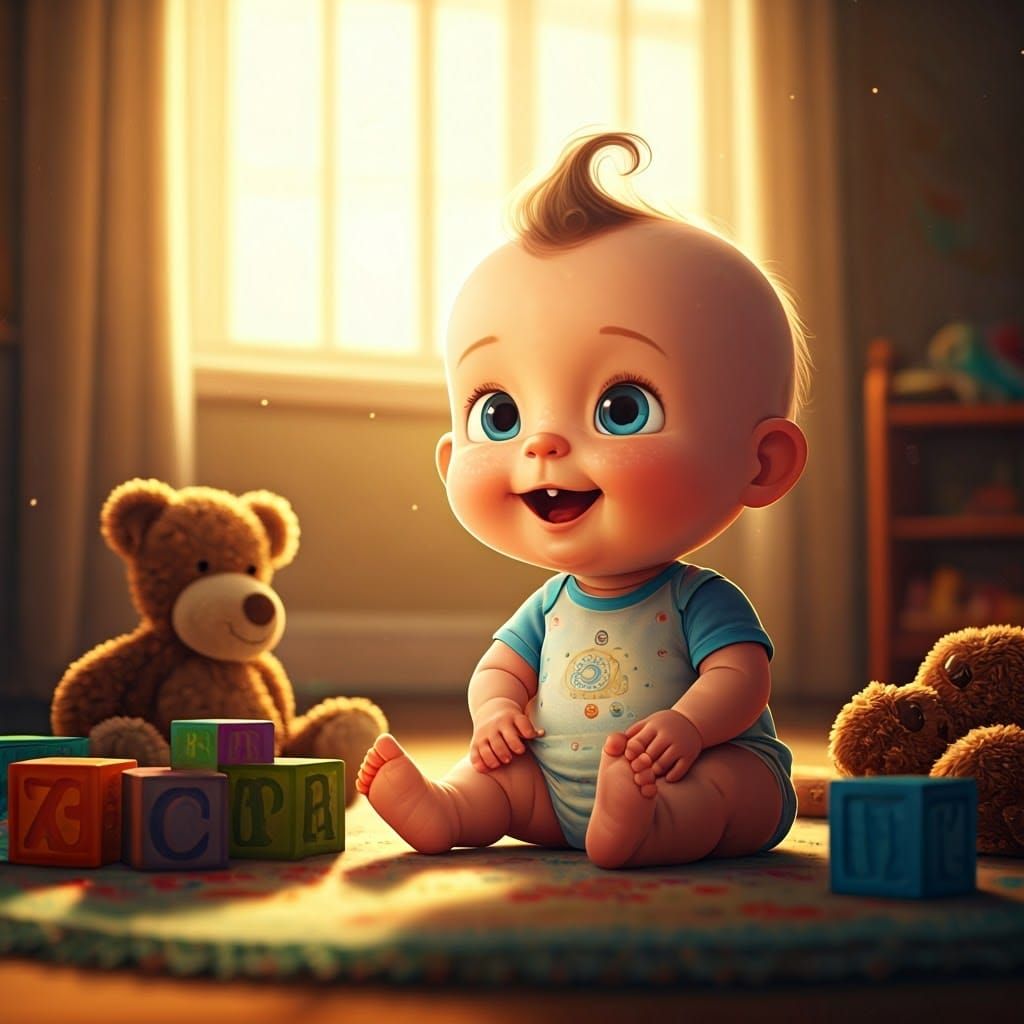 Happy Baby Plays in Sun-Drenched Room: Pixar-Style Art