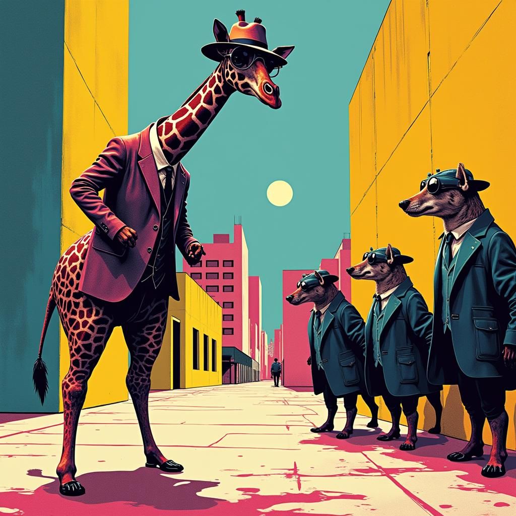 Giraffe in Suit in Surreal Pop Art Cityscape