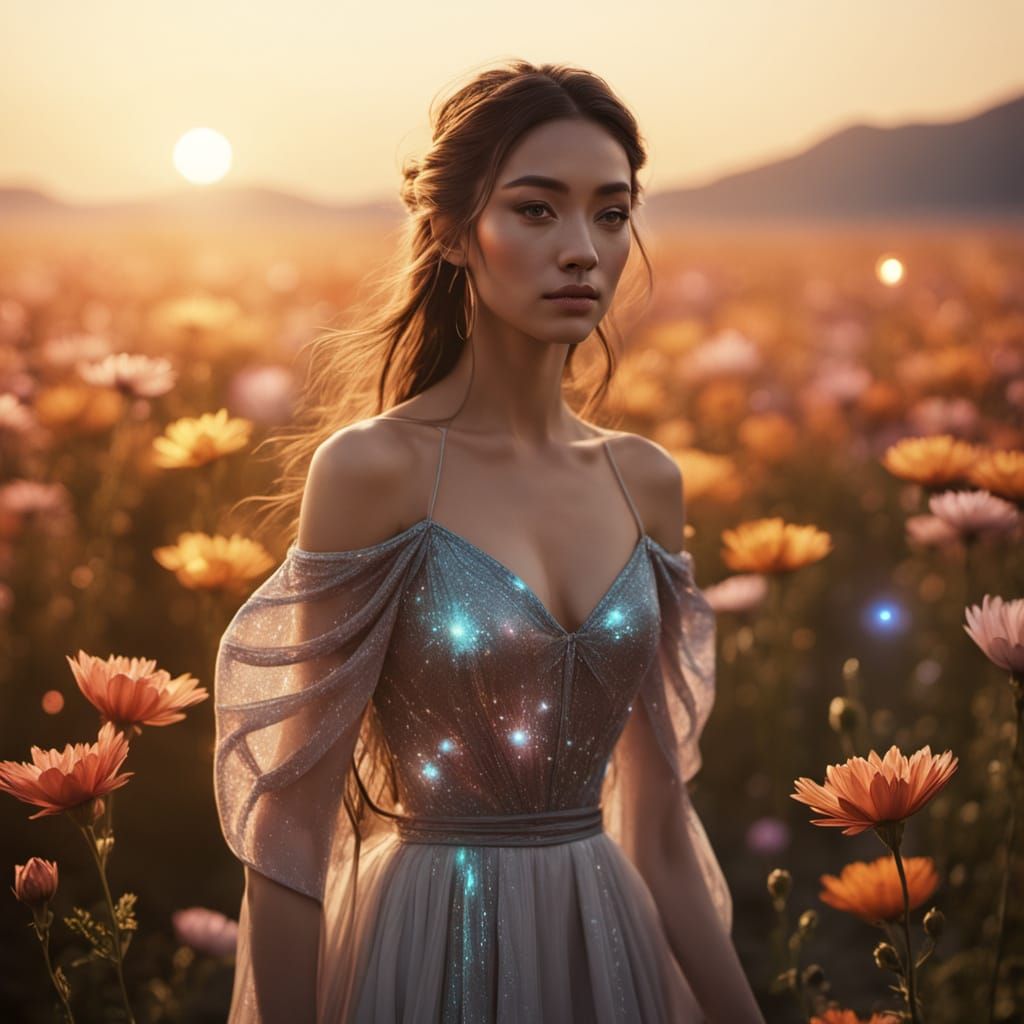 Eurasian Woman Sailing Through Cosmos in Digital Art