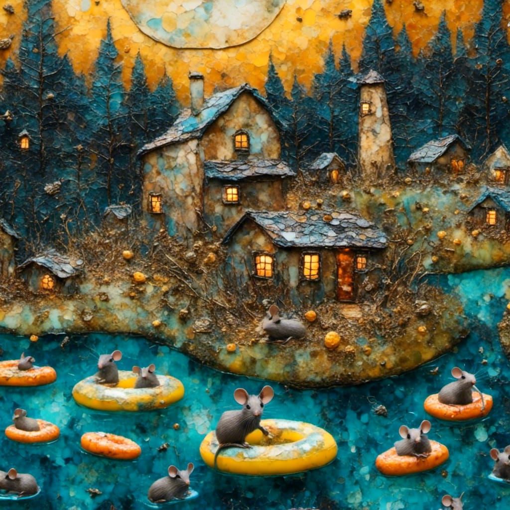 Mice Float Trip on Cheese Rafts at Night