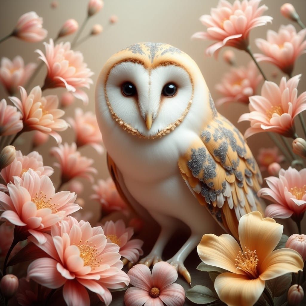 Whispers of Nature: A Majestic Barn Owl Amidst Vibrant Bloom...
