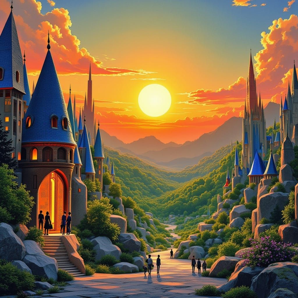 Dreamlike Castle Town Village at Sunset Poster Art