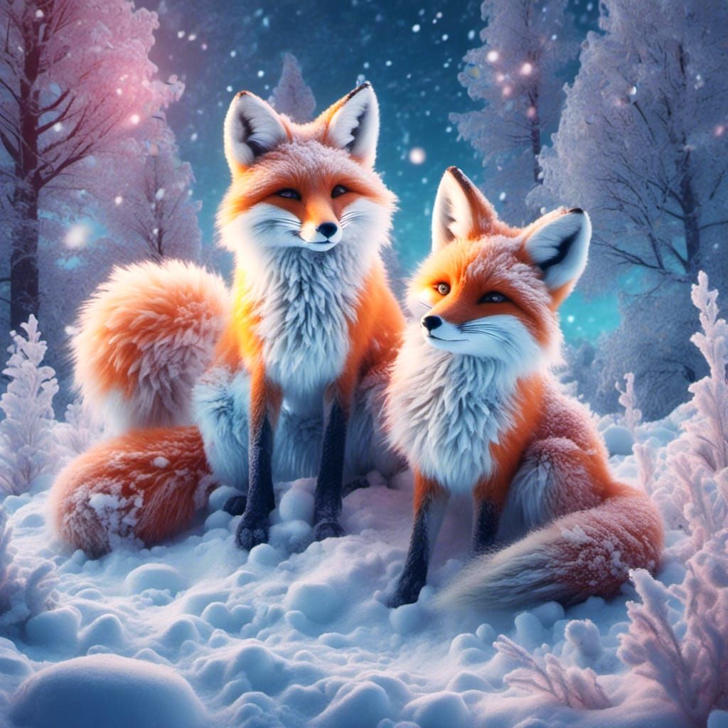 Foxes Play in Snow, Holographic Cosmic Illustration