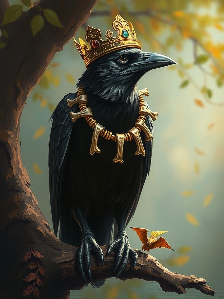 Dramatic Crow King in Whimsical Oil Painting