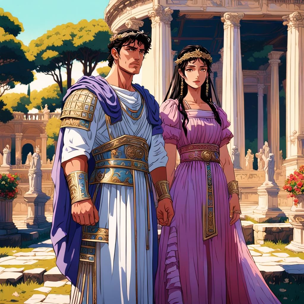Anime Vaporwave Roman Couple in Classical Setting