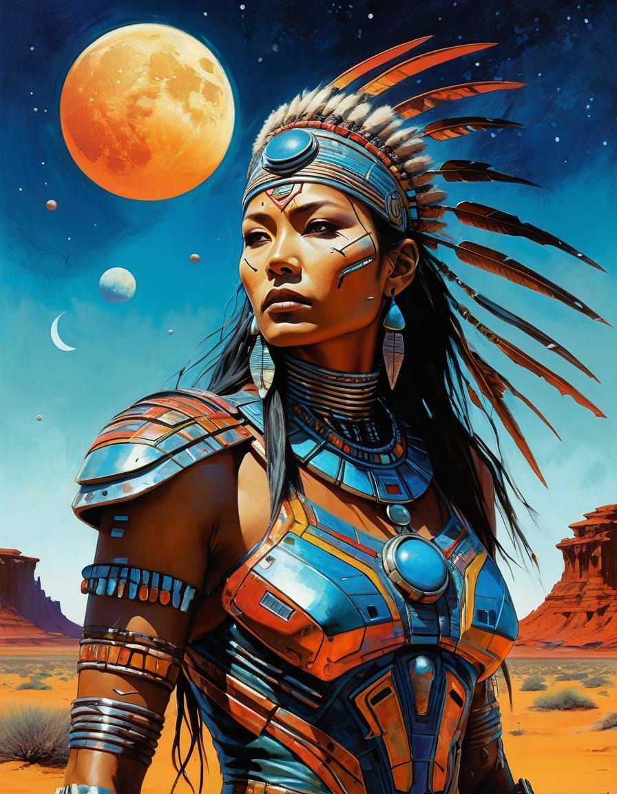 Native American Time Traveler in Alien Desert, Abstract Art