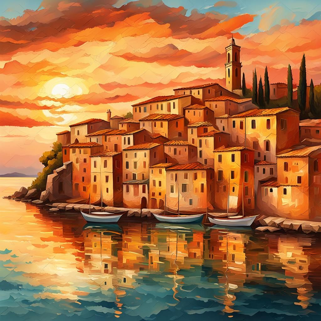 Picturesque Italian Coast at Sunset as Expressionist Paintin...