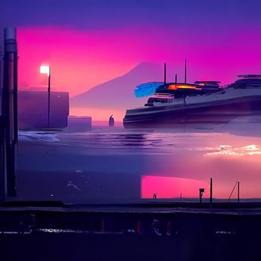 Synthwave Harbor Sunset with Lighthouse and Ships