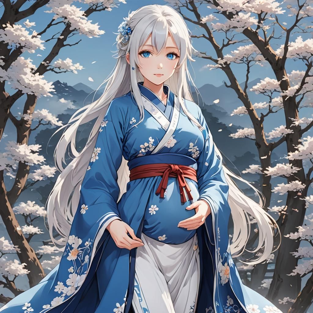 Pregnant Anime Girl in Blue Japanese Clothes
