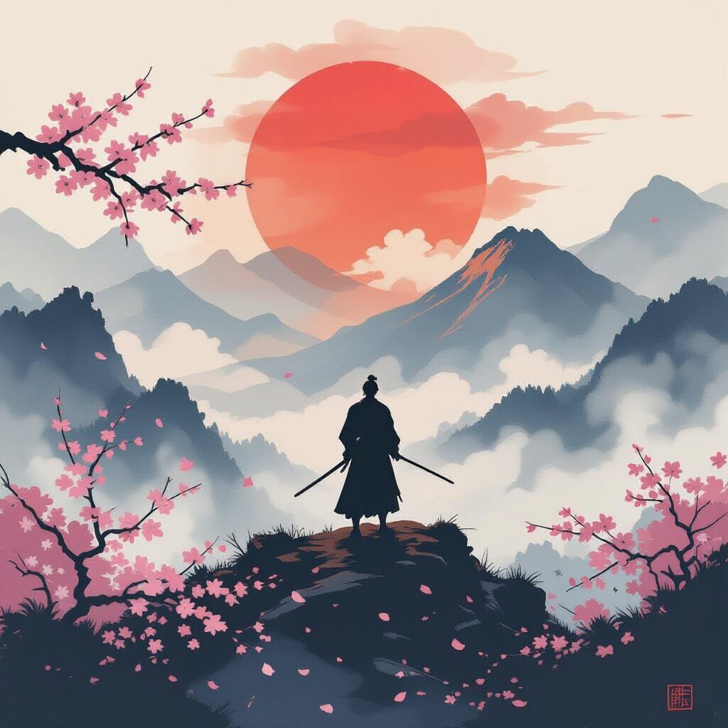Samurai Warrior on Misty Mountaintop at Sunset, Japanese Ink...