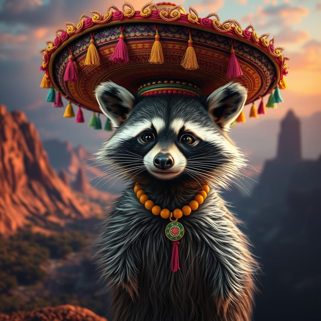 Whimsical Raccoon in Vibrant Sombrero, Set in a Dreamlike La...