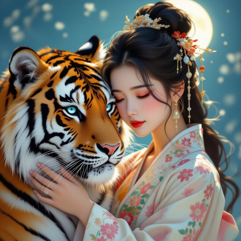 Woman and Tiger in Moonlight, Dreamy Art Style