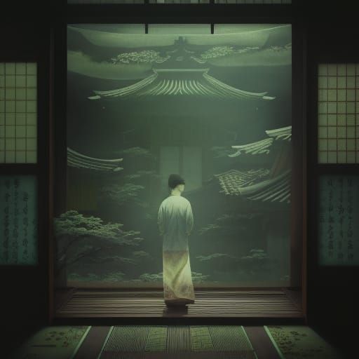 Eerie Japanese Palace Illustration in Art Nouveau Style