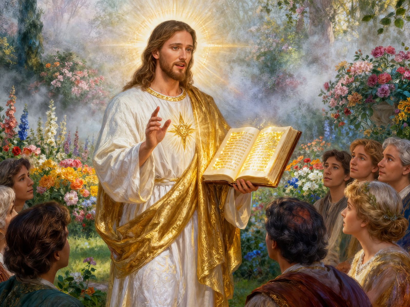 Jesus Explains Sacred Text in Radiant Garden