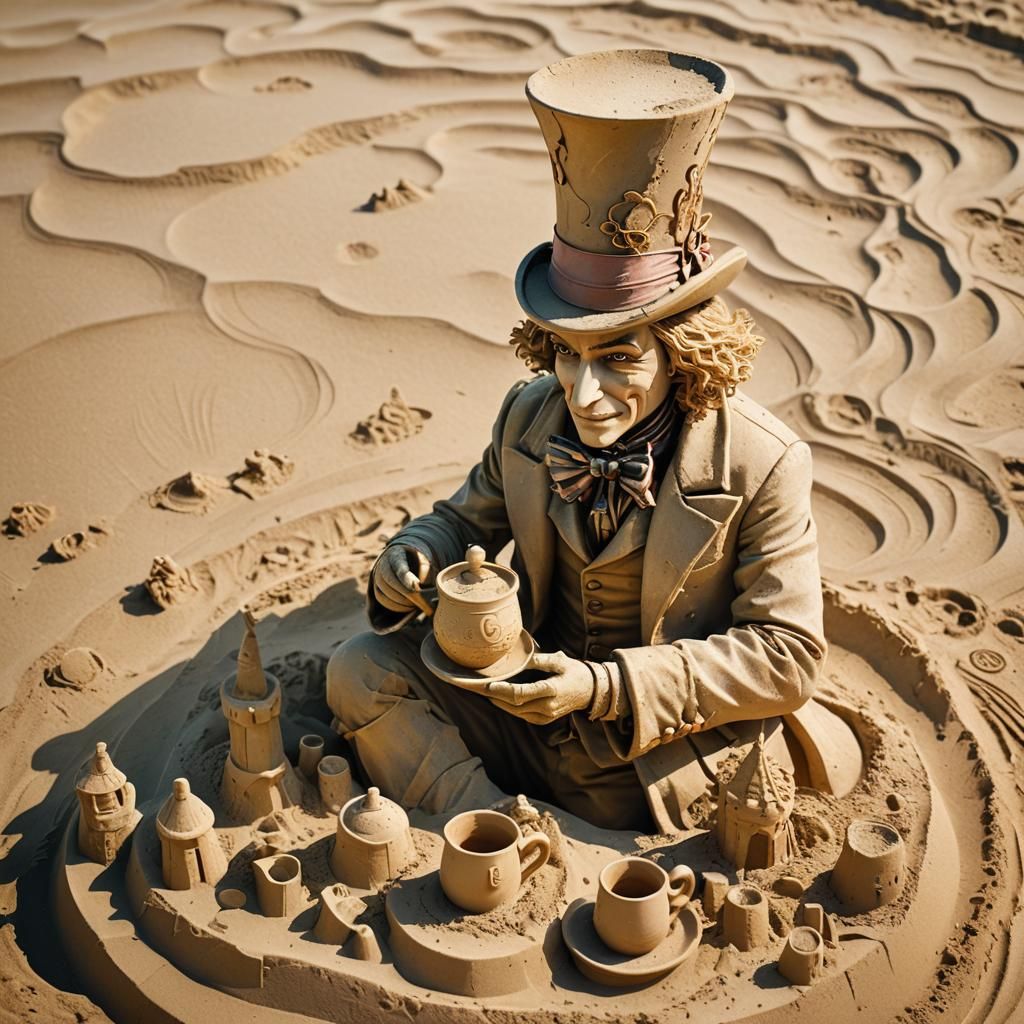 Mad Hatter Sand Sculpture on Sunny Beach