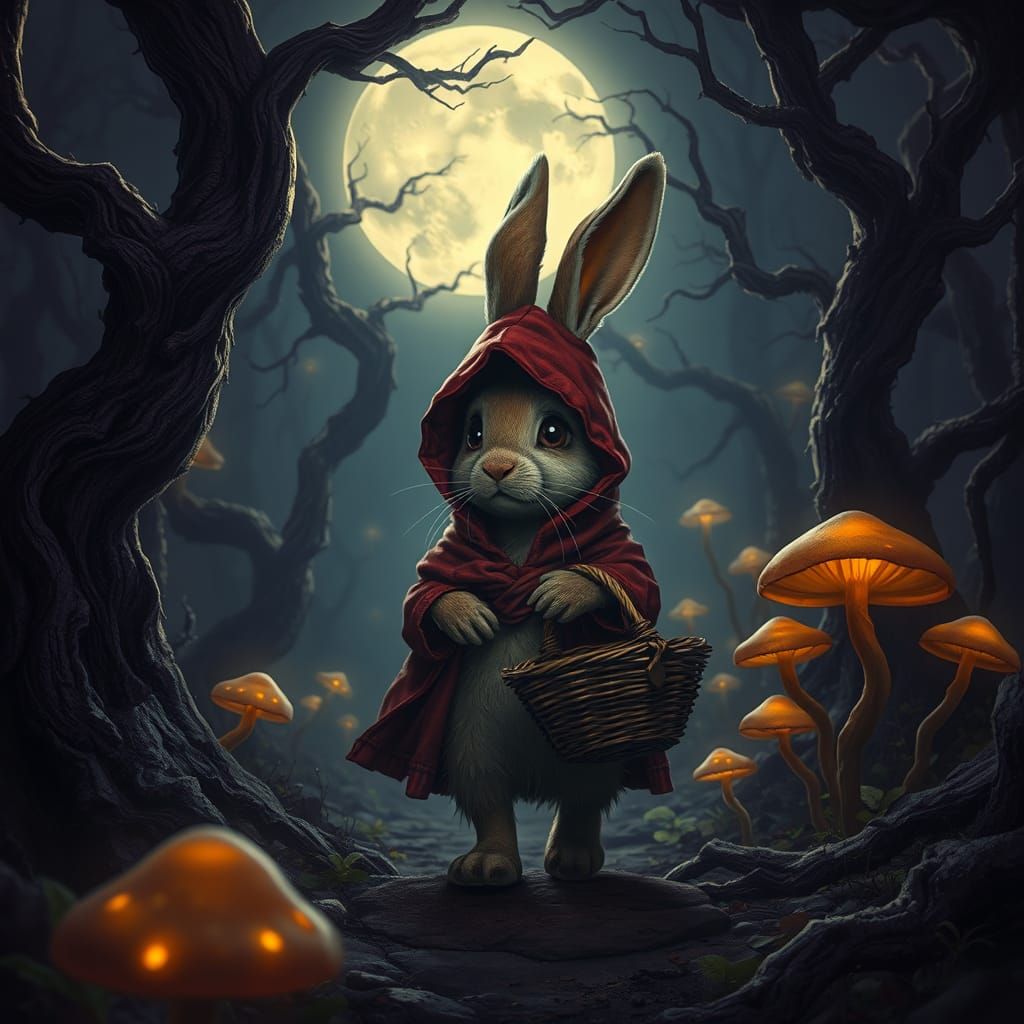 Whimsical Bunny Wanders Enchanted Forest in Cyberpunk Style