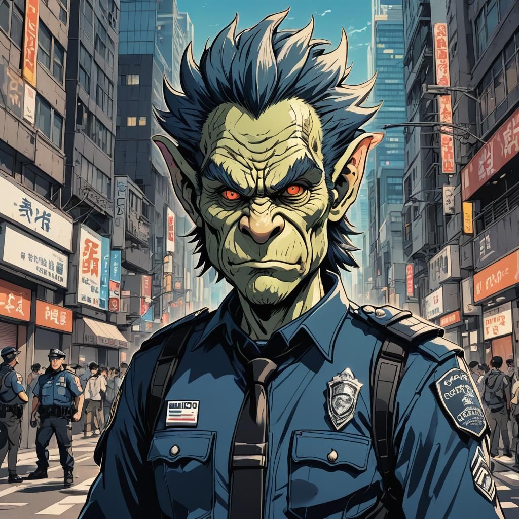 Anime Troll Police Officer in Cityscape
