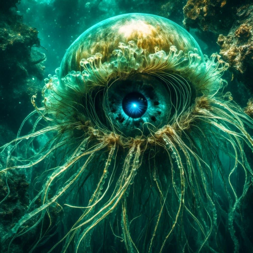 Eyeball Jellyfish in Bioluminescent Deep Sea