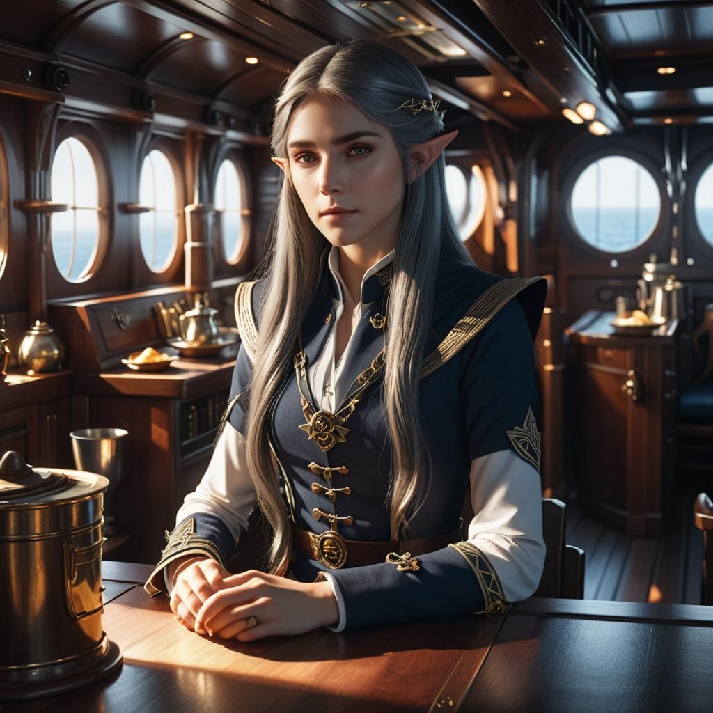 Elderly Half-Elf in Ship Galley: Fantasy Masterpiece