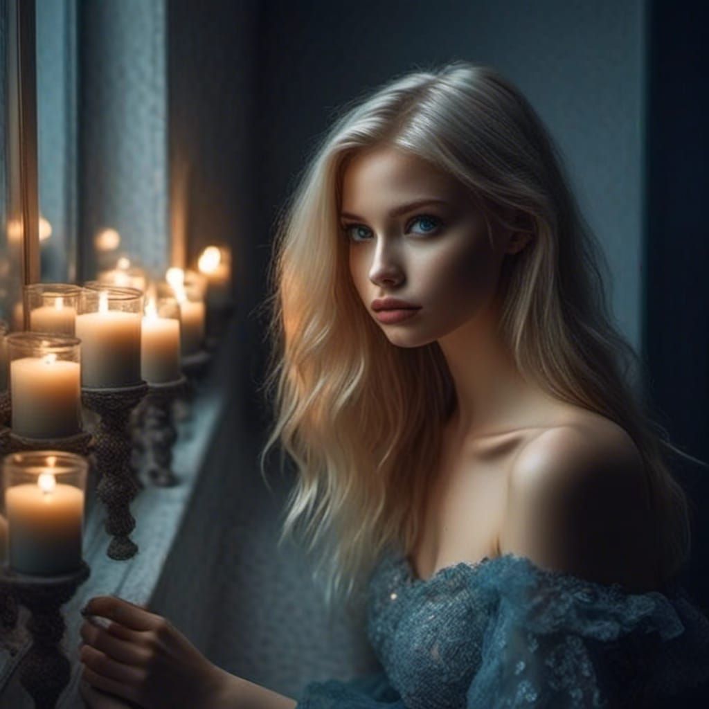 Sad Girl Gazing in Mirror Lit by Candles