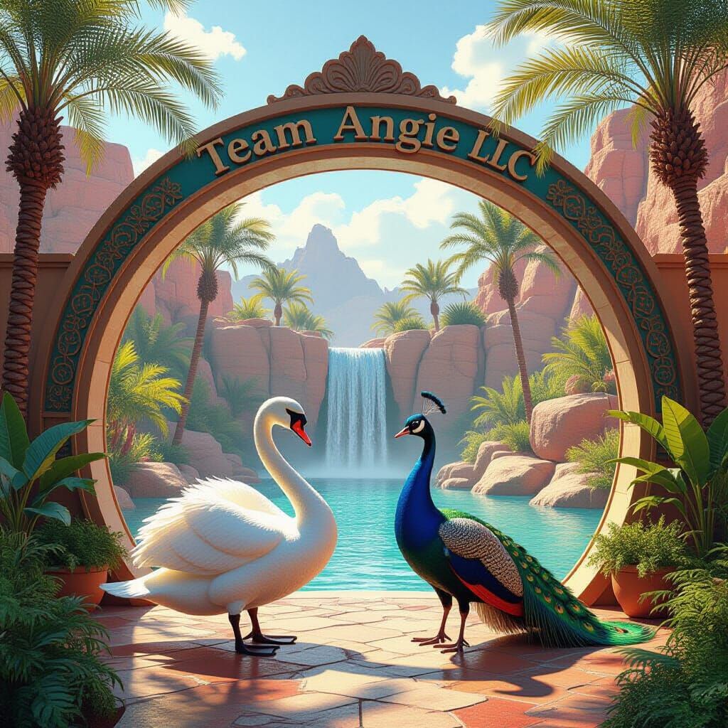 Swan and Peacock Oasis: A Hyperrealistic 3D Rendering
