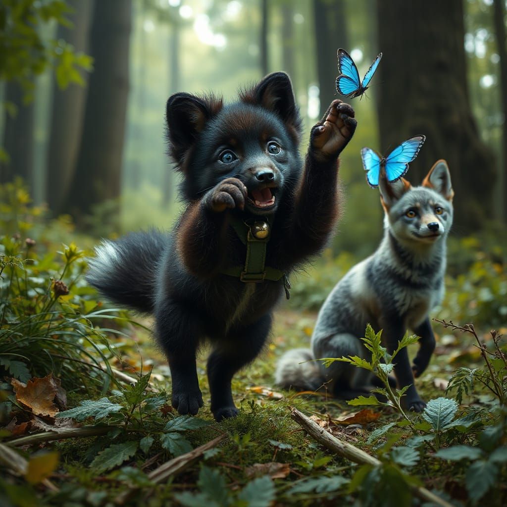 Black Fox Pup with Blue Eyes in Lush Forest
