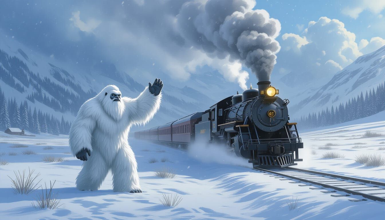 Yeti Greets Steam Train on Snowy Prairie