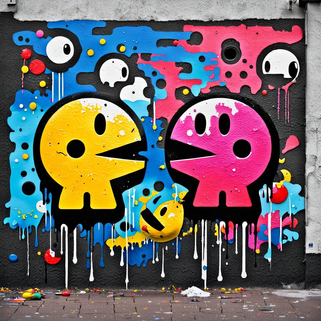 Reviving Retro: A Playful Street Art Masterpiece with Pacman and Mrs. Pacman