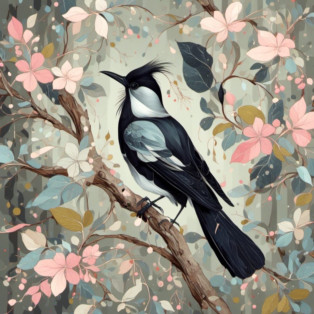 Magpie on Branch with Whimsical Fencer Elements