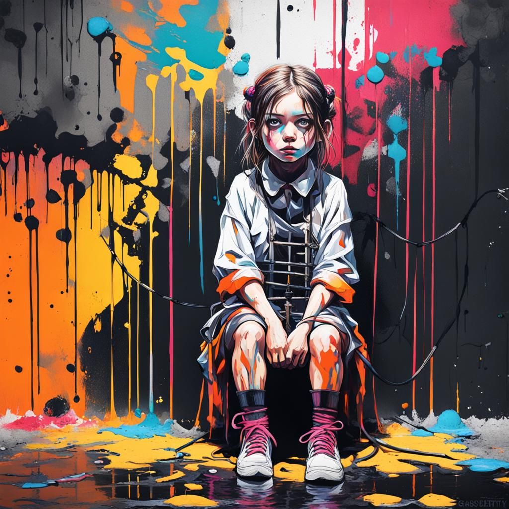 Girl Prisoner in Dark Room: Graffiti Art Style