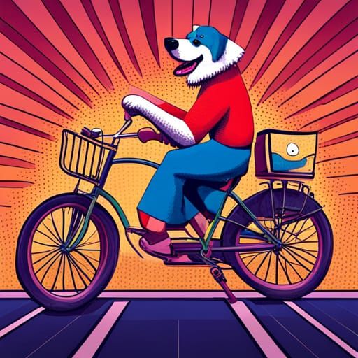Dog Rides Bike in Geometric Pop Art Style
